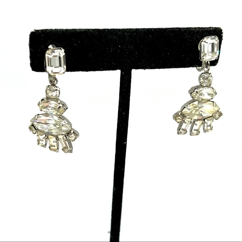Vintage rhinestone clip on dangle silver costume earrings